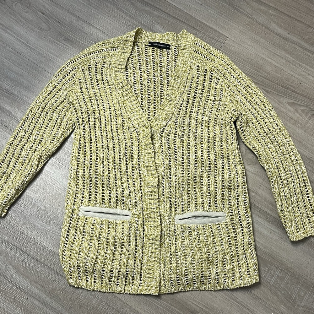Lafayette 148‎ NY Yellow  Cotton-Linen Chunky Knit Cardigan Sweater Sz Small
